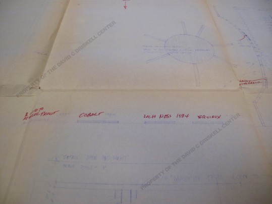 Detail of blueprint for "Contemporary Visual Expressions" exhibition  showing sculpture installation plan for Martha Jackson-Jarvis and planned locations for some of William T. William's artwork (March 4, 1987): Box 2, Folder 12. Driskell Papers: Exhibitions - Curated by David Driskell, David C. Driskell Center Archive.